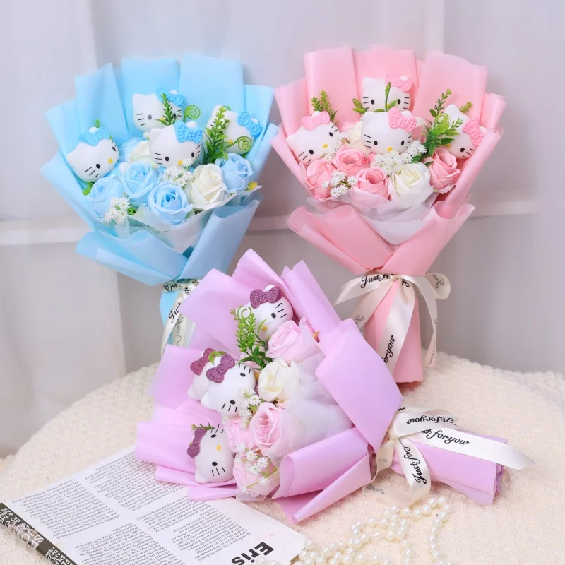 kf-S027c952a52a74645972936a02a24fa66x Kawaii Hello Kitty Cat Dolls With Artificial Flowers Creative Bouquet Christmas Valentine Birthday Graduation Gifts - Image 1