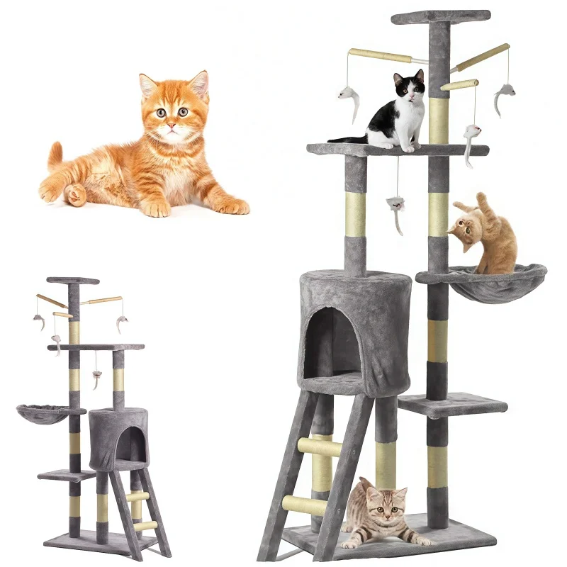 kf-S055d91038ca64dbfa29a97d8ec610630X BRIEFNESS Multi-storey cat tree tower with scratch post climbing, plush cave and sleeping area, indoor/outdoor activity center - Image 1