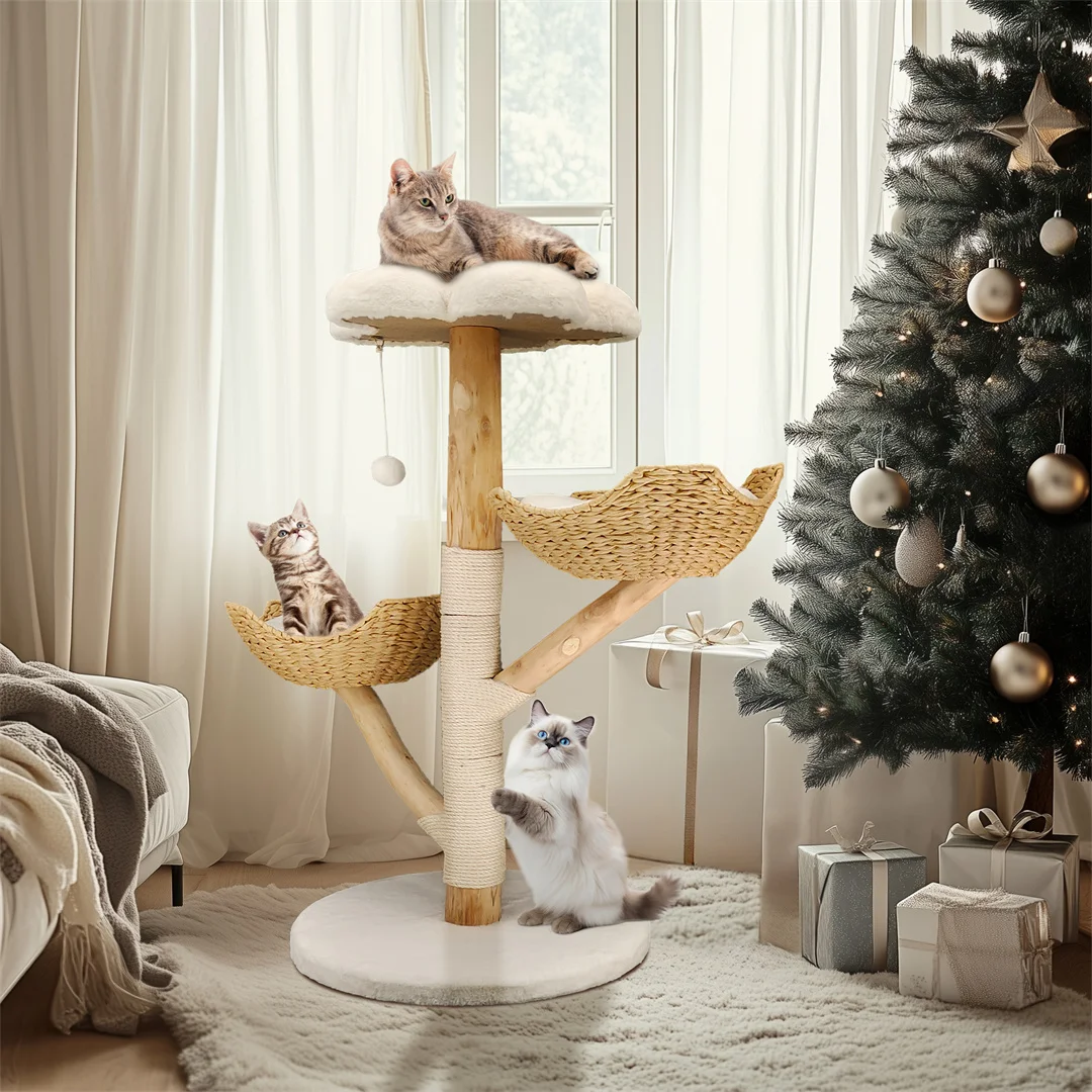 kf-S191d72f030c546f39735f76f9b66bfcd0 110cm Modern Cat Furniture Climbing Tree Solid Wood Activity Center with Scratching Post for Kitty - Image 1
