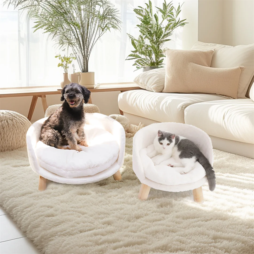 kf-S202a4d36051c436abaf1b169972f9403M Luxury Cat Bed Soft Warm Plush Fabric Pet Nesting Chair Bed Stool Wood Legs with Cushion Pad Washable Waterproof for Small Pets - Image 1