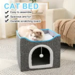 Cat Bed with Clawsable Scratching Board and Fluffy BallCat Hideaway (41x41x35cm)