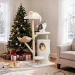 Indoor Cat Tower Tree: 56” Tall Multi-Level Vertical Cat Tree Activity Tower for Multi-cat Households, Cat Furniture with Flowe