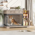 Getone Dog Crate Furniture, Wooden Dog Crate 120 cm, Dog House Indoor,Dog Cage XXL 2-way door 2 drawers 2 compartments Sideboard Cabinet White+Brown 120x87x60cm
