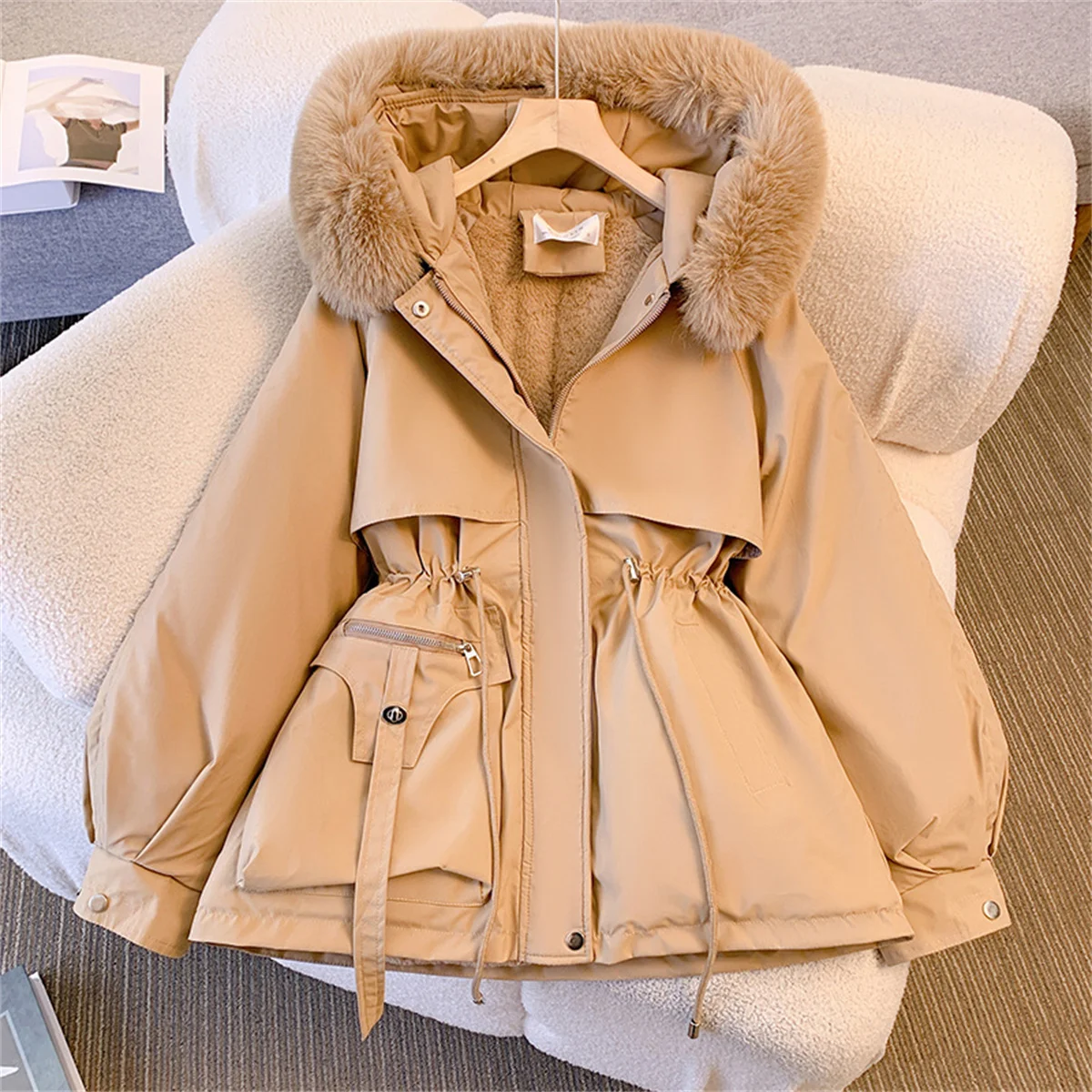 kf-S770d75498d3e4f4cb77a5b9a23d27e7dB Women Autumn Winter Fashion Coats Korean Hooded Drawstring Padded Jackets Solid Female Casual Street Outfit Coat Zip Up Parkas - Image 1