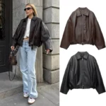 Vintage PU Leather Bomber Jackets 2025 Autumn New Ladies Zipper Lapel Long Sleeve Pocket Coat With Belt Women's Loose Streetwear