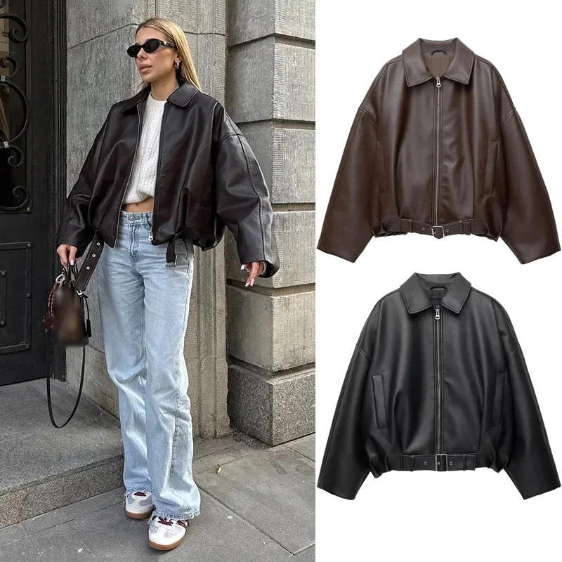 kf-S799478f9de914e58af82b742e7885461U Vintage PU Leather Bomber Jackets 2025 Autumn New Ladies Zipper Lapel Long Sleeve Pocket Coat With Belt Women's Loose Streetwear - Image 1