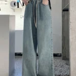 Botvotee Elastic Waist High Waist Wide Leg Jeans for Women Loose Straight Blue Long Denim Pants Female Fashion Streetwear Jeans