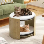 Elevated Cat Bed for Indoor Cats, 2-Tier Cute Small Cat Tree Tower with Natural Bamboo Frame, Removable Washable Soft Plush Mat