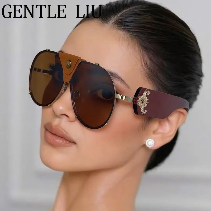kf-S9a127e76ca9a42ffb6947270073a3980g Steampunk Oversized Vintage Pilot Sunglasses Women 2026 Luxury Brand Oval Shield Eyewear Trendy Goggle Shades Driving Sunglass - Image 1