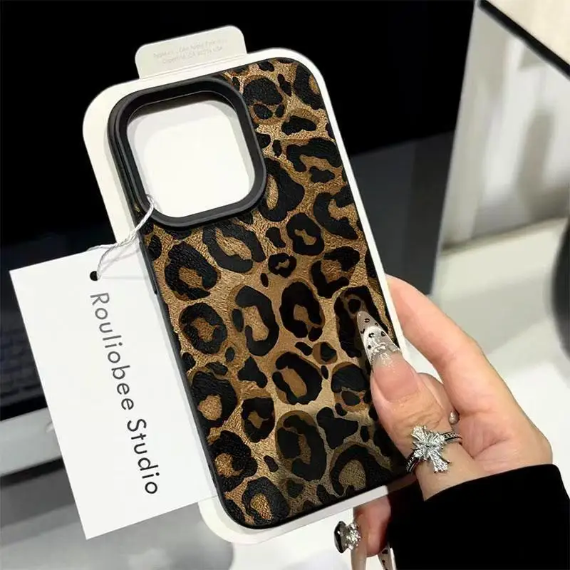 kf-S9a645a4de04b4ee9bcc9a74b6cb1a4e2l INS Brown Leopard Print Phone Case For iPhone 17 16 Pro Max 15 14 Plus 13 12 11 XR XS Max Lichee Pattern Soft Silicone TPU Cover - Image 1