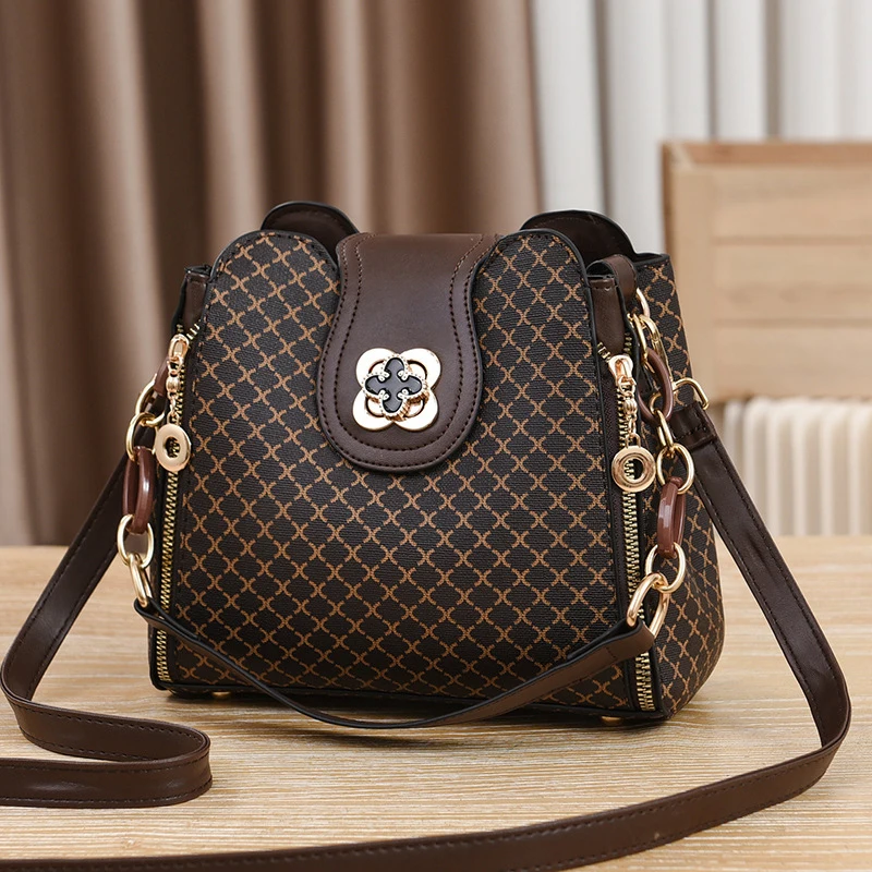 kf-S9b6e023ac2f8418599c60fccdecba0a2n New Women Handbag Bag Luxury Design Bucket Shoulder Crossbody Bag Flip Check Print Large Capacity Single Shoulder Straddle Bag - Image 1
