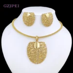 Gold Color Necklace Earrings Set For Women Unique Choker Pendant Earrings 3Pcs Set Jewelry Quality Accessories Free Shipping