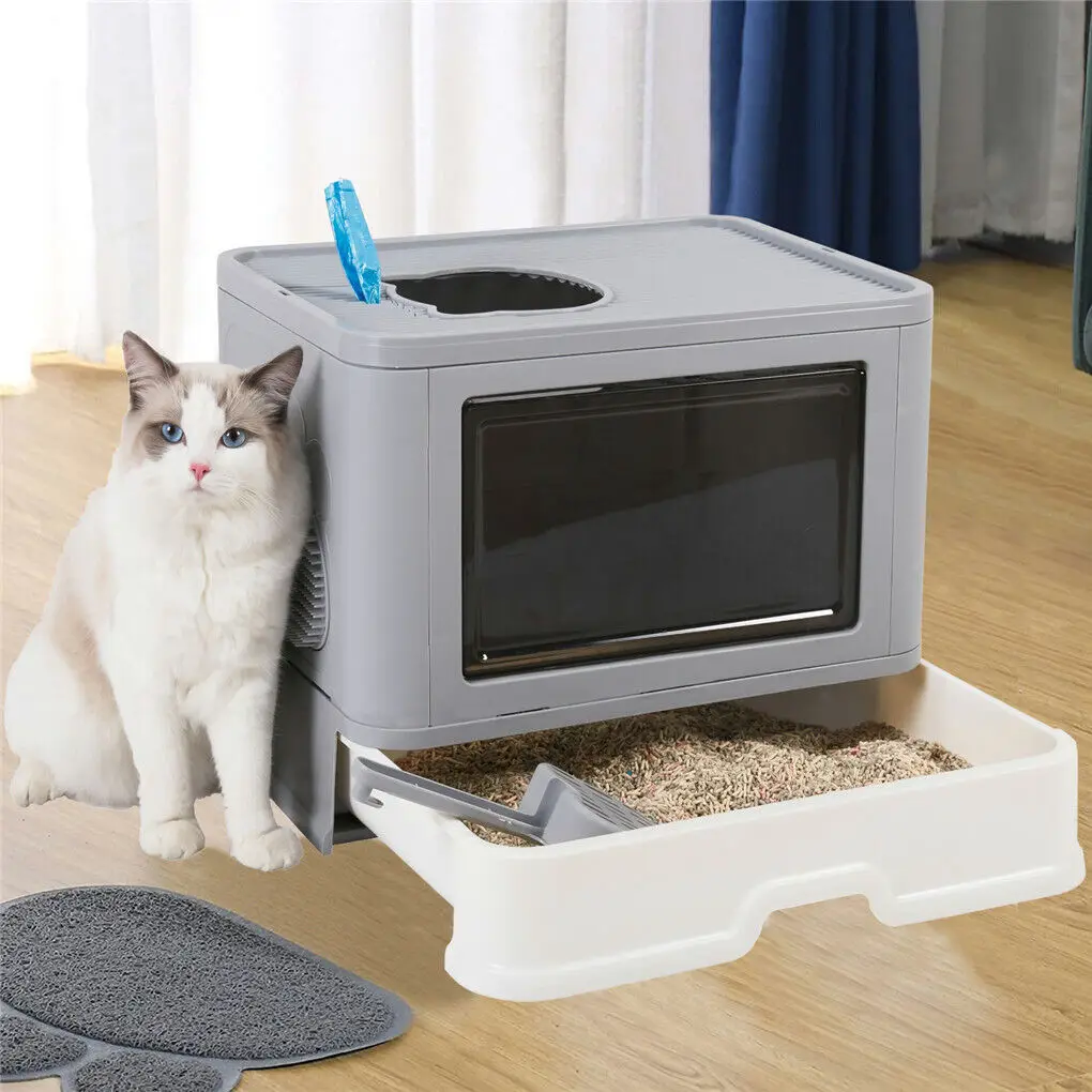 kf-Sa693daa6bd1441958ac1b2cf72da8e53N Foldable Cat Litter Box Front Entry & Top Exit Toilet Boxes with Massager Litter Scoop Enclosed Foldable Kitty Toilet - Image 1