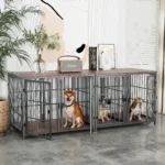 Heavy Duty Dog House End Table Furniture with Four Doors and Lock Latches Divider Wood Metal Pet Kennel Cage Crate