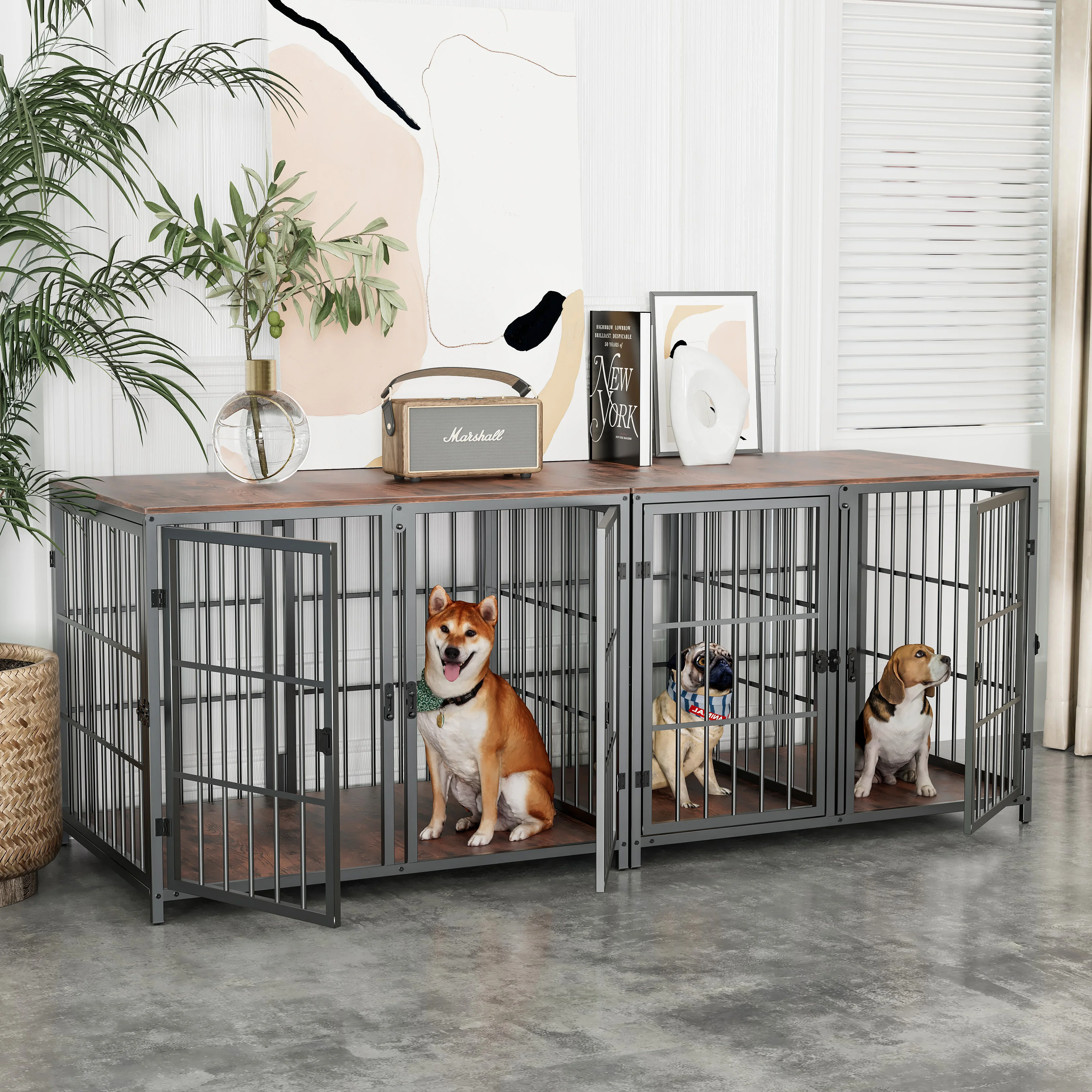 kf-Sa7a2e1c7fe144636aede67094bc930929 Heavy Duty Dog House End Table Furniture with Four Doors and Lock Latches Divider Wood Metal Pet Kennel Cage Crate - Image 1