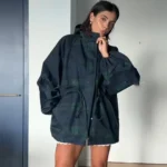 Women Vintage Grid Loose Jacket Oversize Loose Stand Collar Coat Long Sleeve Hoodie Lace Up Outwears 2025 New Lady Streetwears