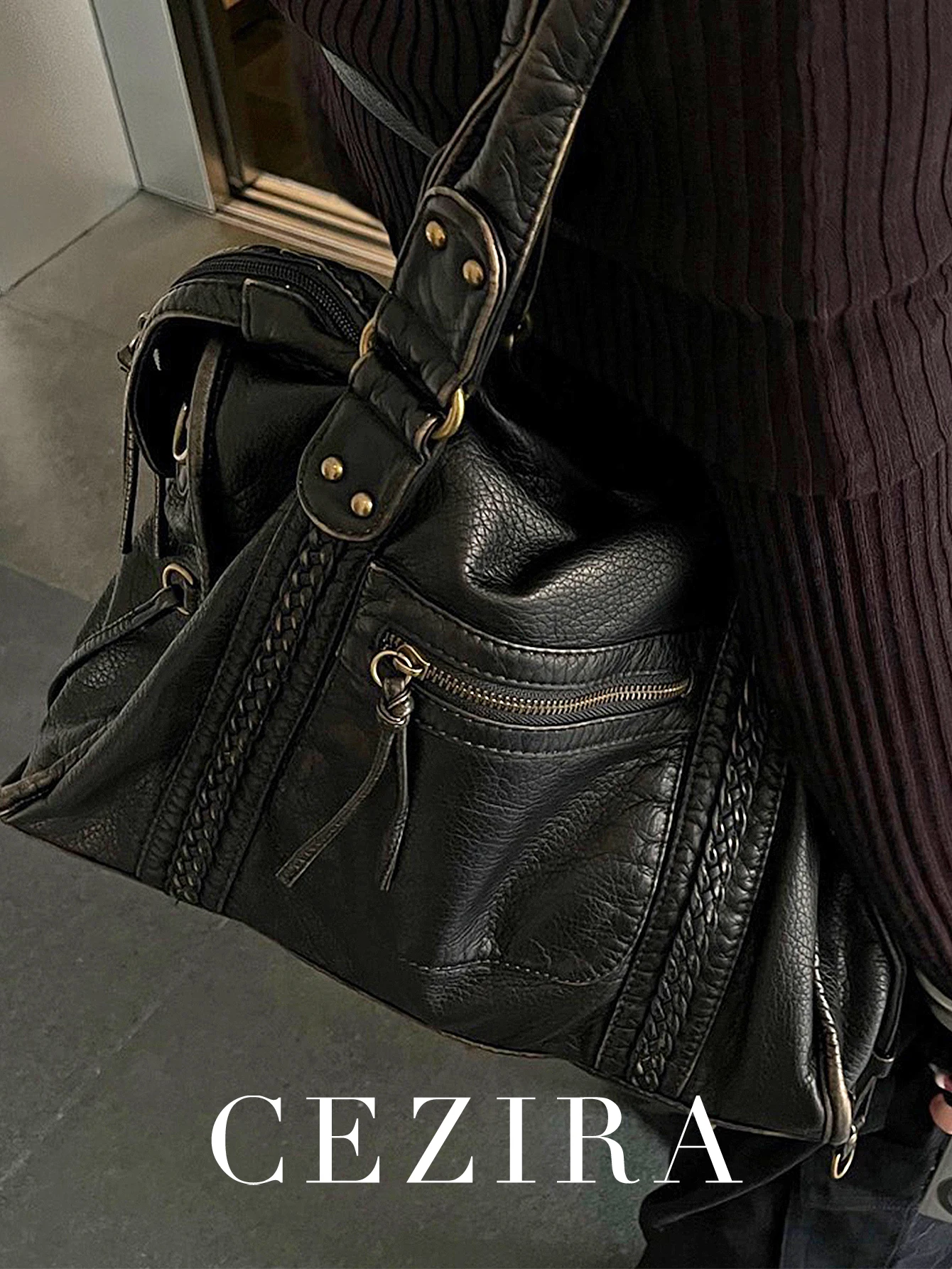 kf-Sc6a87fbdb45d4ebfb4abd10a59798d77r Vintage Washed PU Leather Large Capacity Tote Zip Pockets Braid Decor Shoulder Cross body Bag Unisex Women Daily Travel Handbag - Image 1