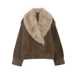 2025 Winter New Women's Casual Fashion Simple Elegant Loose Faux Fur Effect Suede Texture Jacket with Lapel Long Sleeve