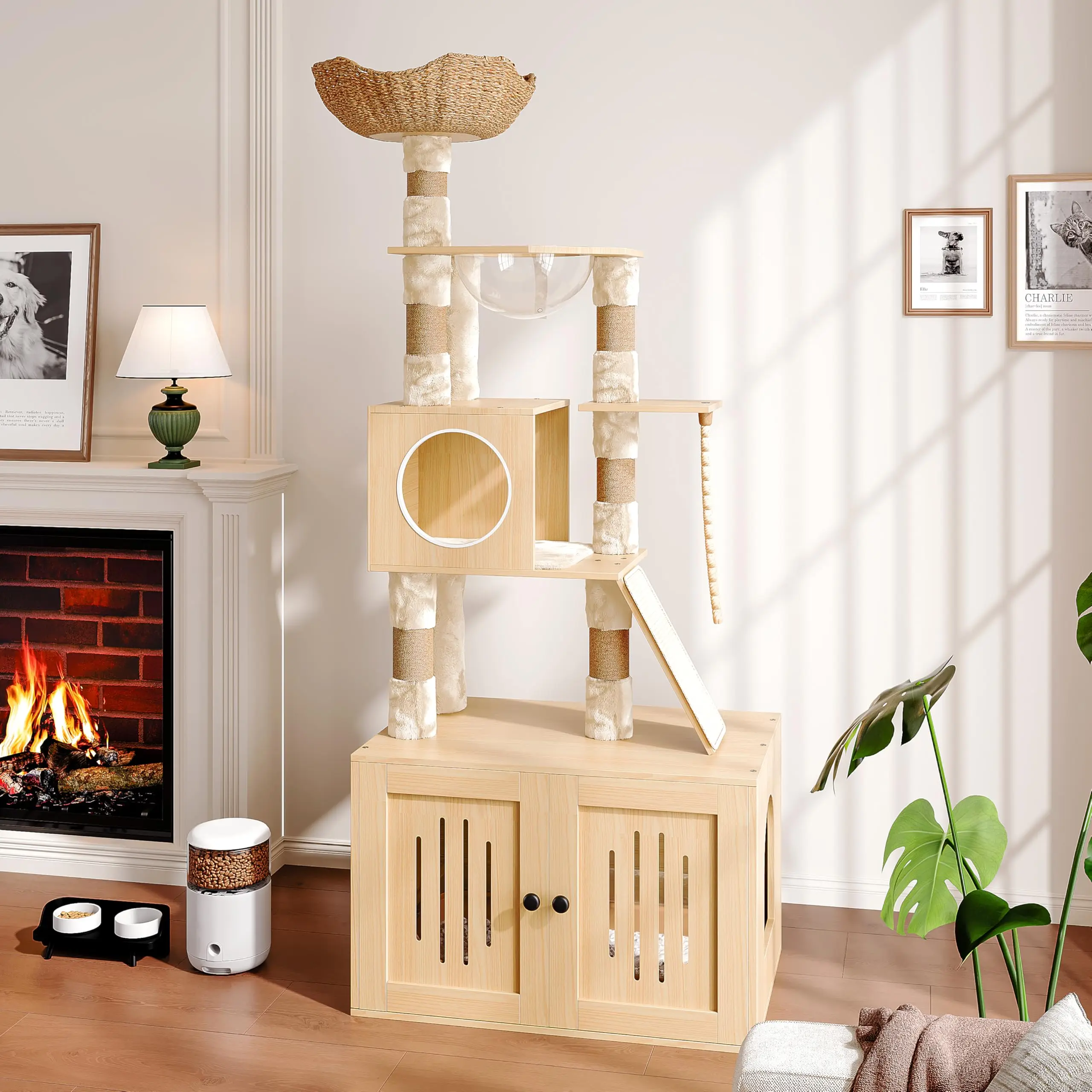 kf-Se74e6e09508b402099f80f0927da03738 Cat Tree, 66.9-Inch Cat Tower with Litter Box Enclosure, Large Condo with Food Station, Storage, Scratching Posts, Hammock - Image 1