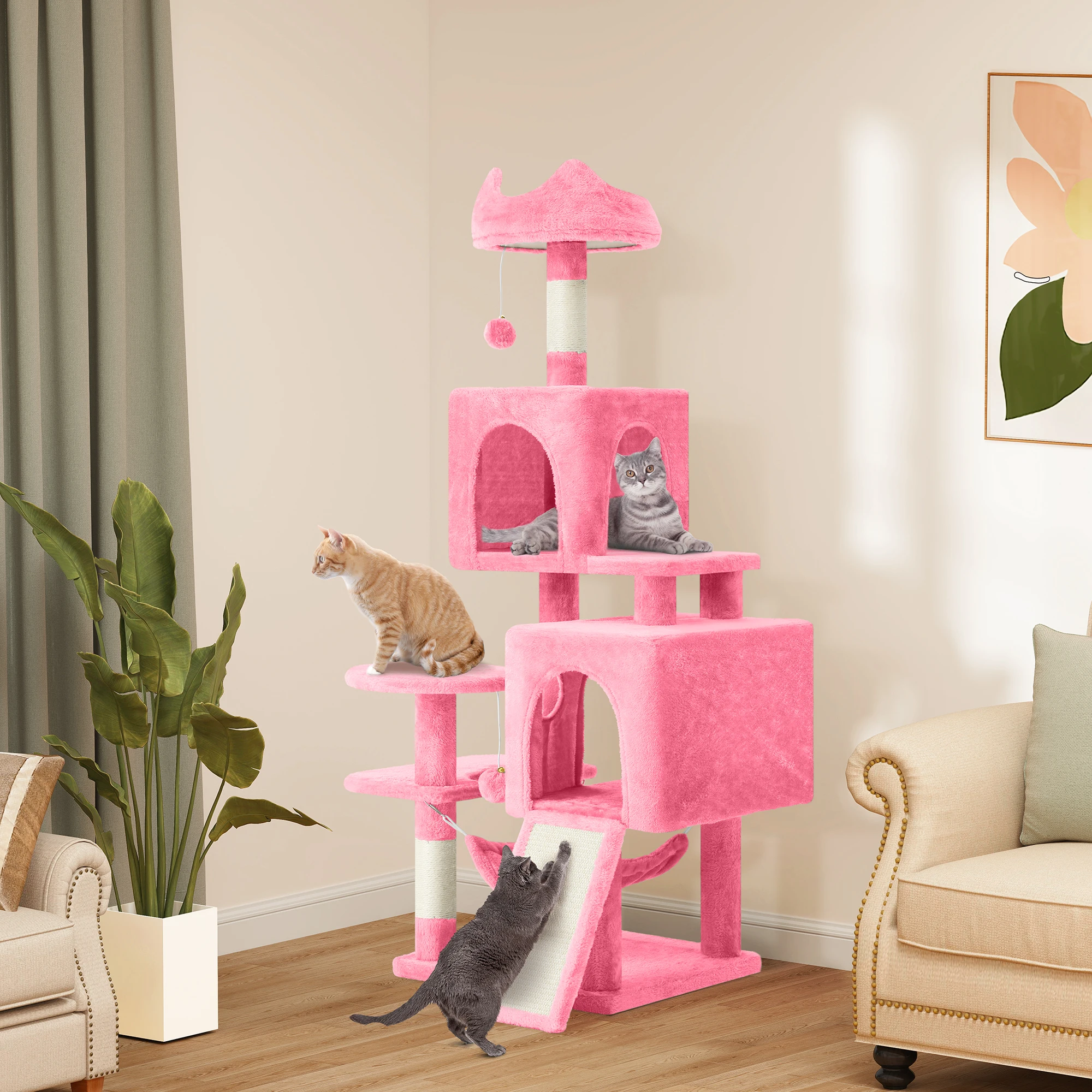 kf-Sececcd3189c54515a849bf9719ce4371r YITAHOME Pink 137cm Cat Tree - 2 Sisal Posts, Caves & Hammock with Toys for Large Cats - Image 1
