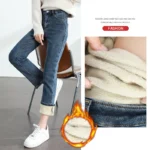 Women's Winter Fleece Warm Jeans Retro Elastic Thickened Comfortable Straight Fashion Korean Casual Female Velvet Denim Pants