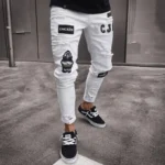 High-Quality Men's Embroidered Skinny Jeans, Ripped Jeans Stretch Slim Fit White Denim Pants Christmas Gift Xmas