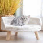 Luxury Soft Cat Bed Warm Plush Fabric Pet Nesting Chair Bed Washable Couch Wood Legs with Cushion Pad for Small Pets