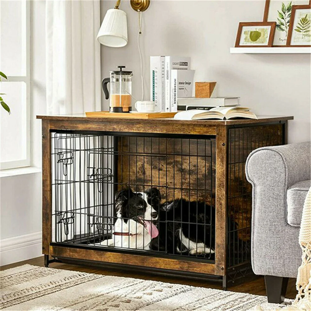 kf-Sf602c1e6c1084e958841b9e1bbdc3b7ee Large Elevated Dog Crate Wooden Dog Kennel Cage Pet House End Table with Double Door and Removable Tray Rustic Furniture Indoor - Image 1