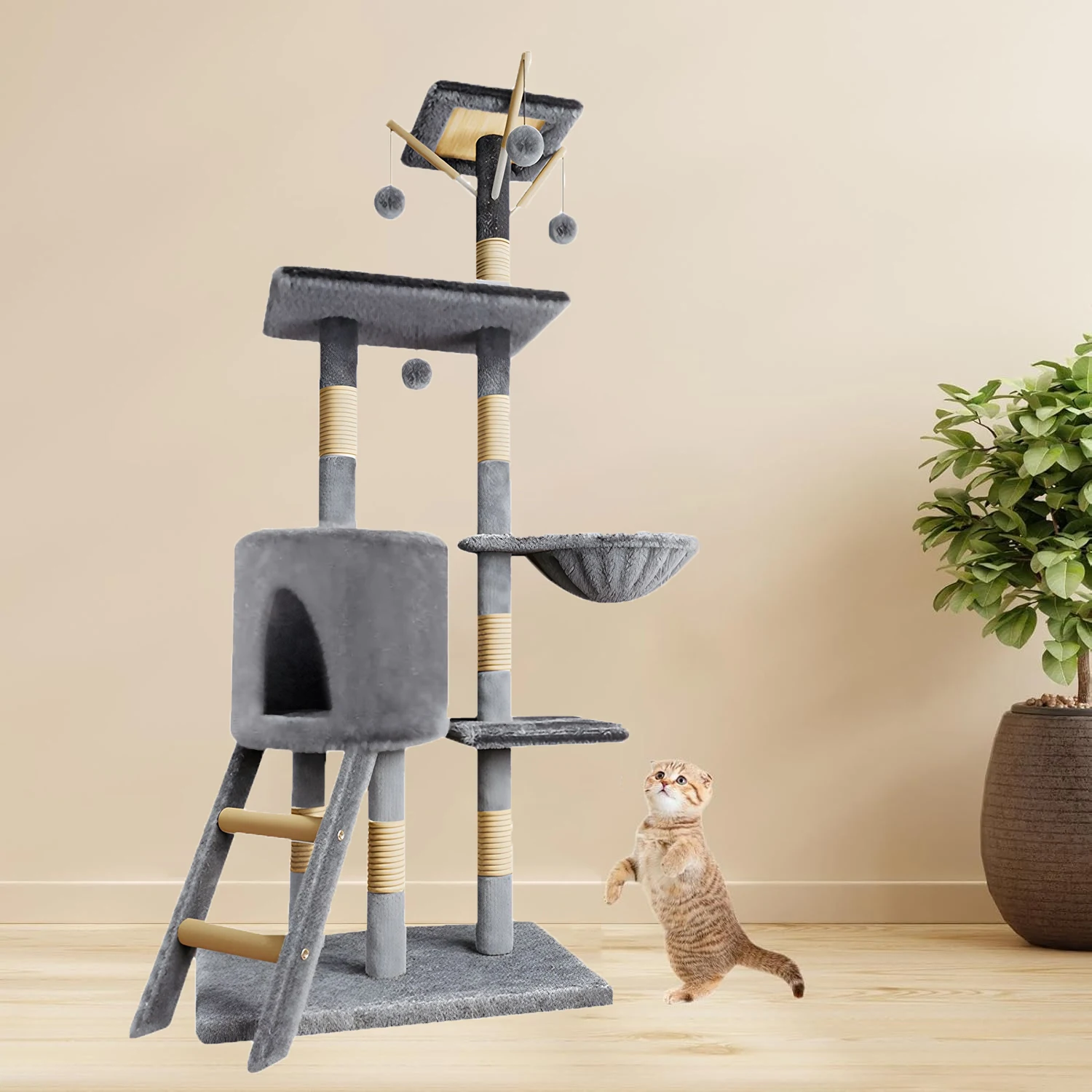kf-Sf7f16b19390c4435ab2f9b57b32dd75cu Multi-Level Cat Tree Indoor Climbing Activity Cat Tower with Scratching Posts, Hammock, and Tunnel, Pet Play House Furniture - Image 1