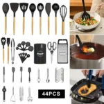 Household Multifunctional Silicone Kitchenware Non-Stick Cookware Kitchen Utensils Set With Wooden Handle Cooking Spoon Tools