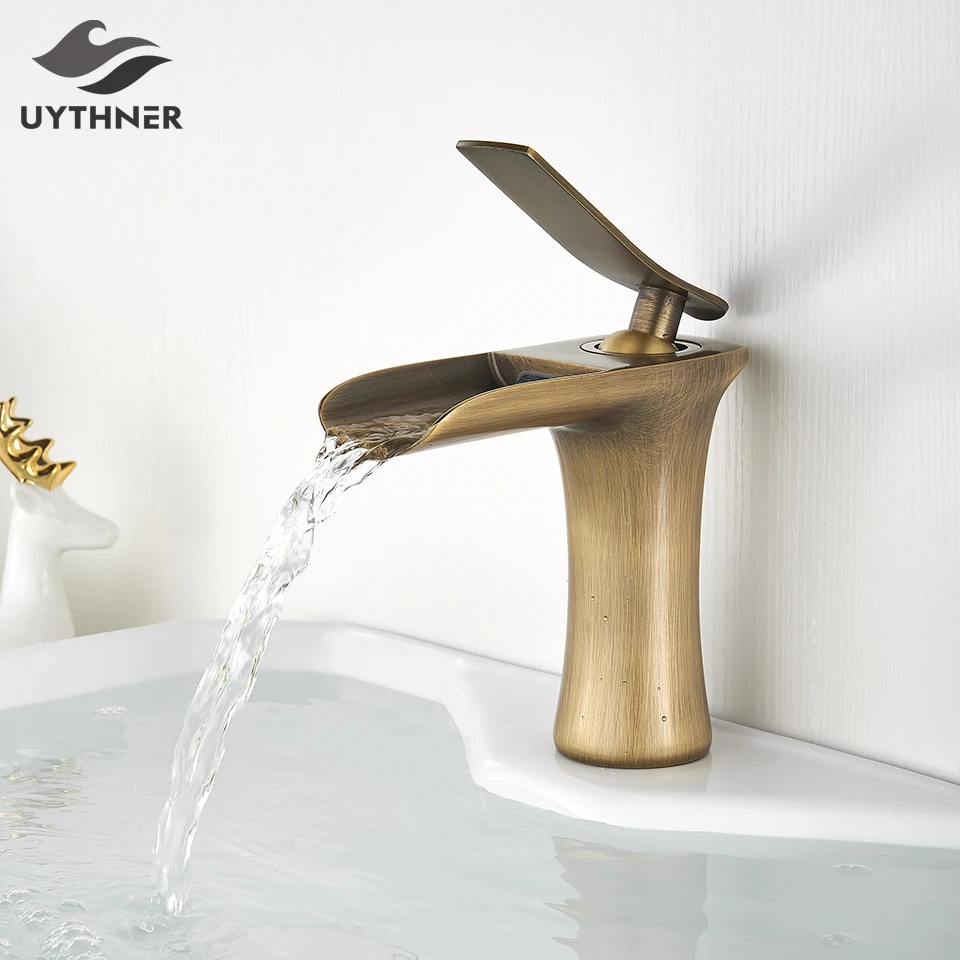 kf-H84a5abfb1f5442c2be9213a6f6063006G Basin Faucets Waterfall Bathroom Faucet Single handle Basin Mixer Tap Bath Antique Brass Faucet Sink Water Crane Silver Taps - Image 1