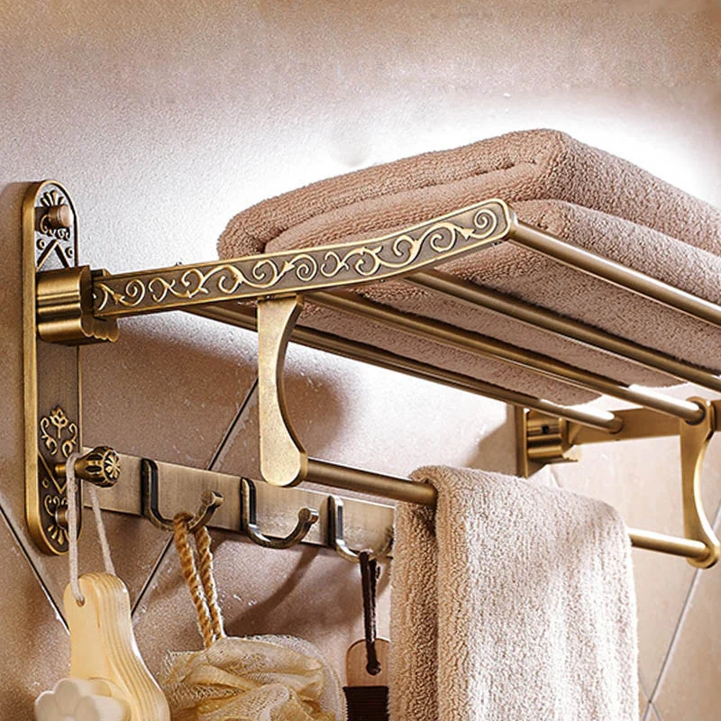 kf-Hf71a882706c440069c216e79d5880f57q Aluminum Foldable Antique Brass Bath Towel Rack Active Bathroom Towel Holder Double Towel Shelf With Hooks Bathroom Accessories - Image 1
