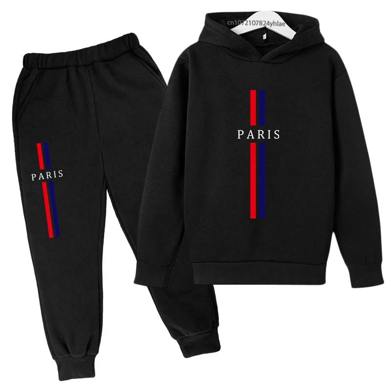kf-S01b342afc0a347e0a40dbbfd6235e1ca5 Kids Autumn Spring Casual Paris Print 2pcs Hoodie+Pants Tracksuits 2-13Years Boys Girls Fashion Streetwear Children Clothes Sets - Image 1