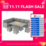Outsunny 7 Pieces PE Rattan Garden Furniture Set, 50,000 BTU Gas Fire Pit Table, Double Corner Sofa and 3 Footstools