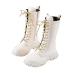 Girls Chic Korean Style White PU Leather Boots Fashion Casual and Versatile Strap Side Zipper Soft Bottom High Boot for Kids ﻿