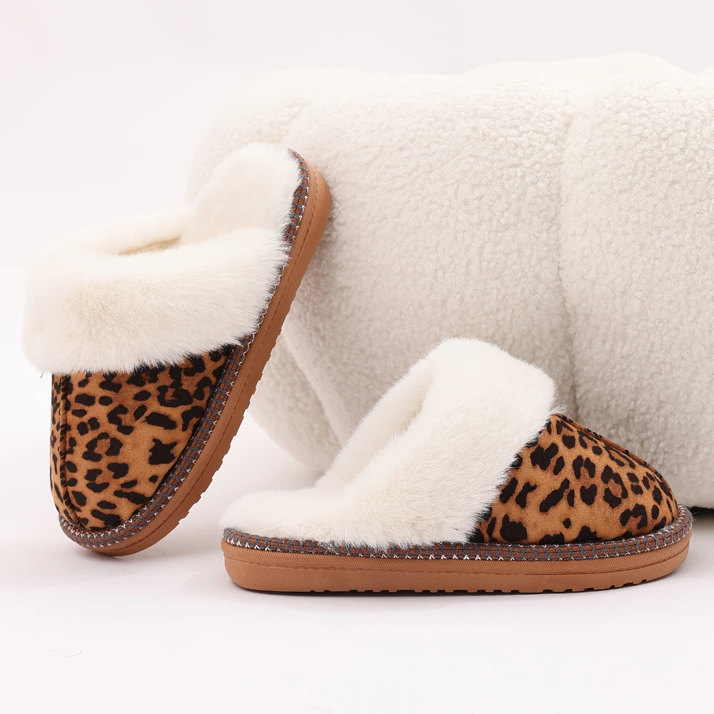kf-S16207607165041729835107d382c620ah Evshine Fashion Fur Collar Fluffy Slippers Indoor Outdoor Winter Slippers Warm Plush House Shoes Women Leopard Fuzzy Slippers - Image 1