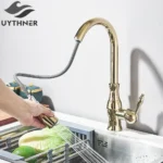 Uythner Gold Polish Swivel Spout Kitchen Sink Faucet Pull Down Sprayer Fashion Design Bathroom Kitchen Hot&Cold Water Mixer Tap