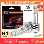 S&D H1 H7 LED Headlight Bulb Mini Canbus 120W 60000LM CSP for Car Headlamp Fan Light Auto Diode Fog Lamp 12-24V 6000K Automobile