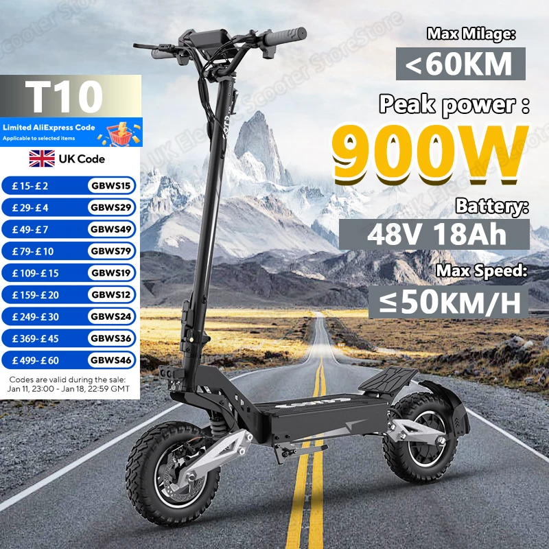 kf-S1adca1180ef5436ea32e11379f4838ecH OOTD T10 E-Scooter 900W Peak power 48V13.5Ah LED Display Electric Scooter Adult 11-inch Off-Road Tire Convenient Fold EScooters - Image 1