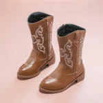 PU Cowboy Ankle Boots for Girls New Autumn Winter Kids Mid-calf Boots Non-slip Side Zip Simple Retro Kids Casual Boots