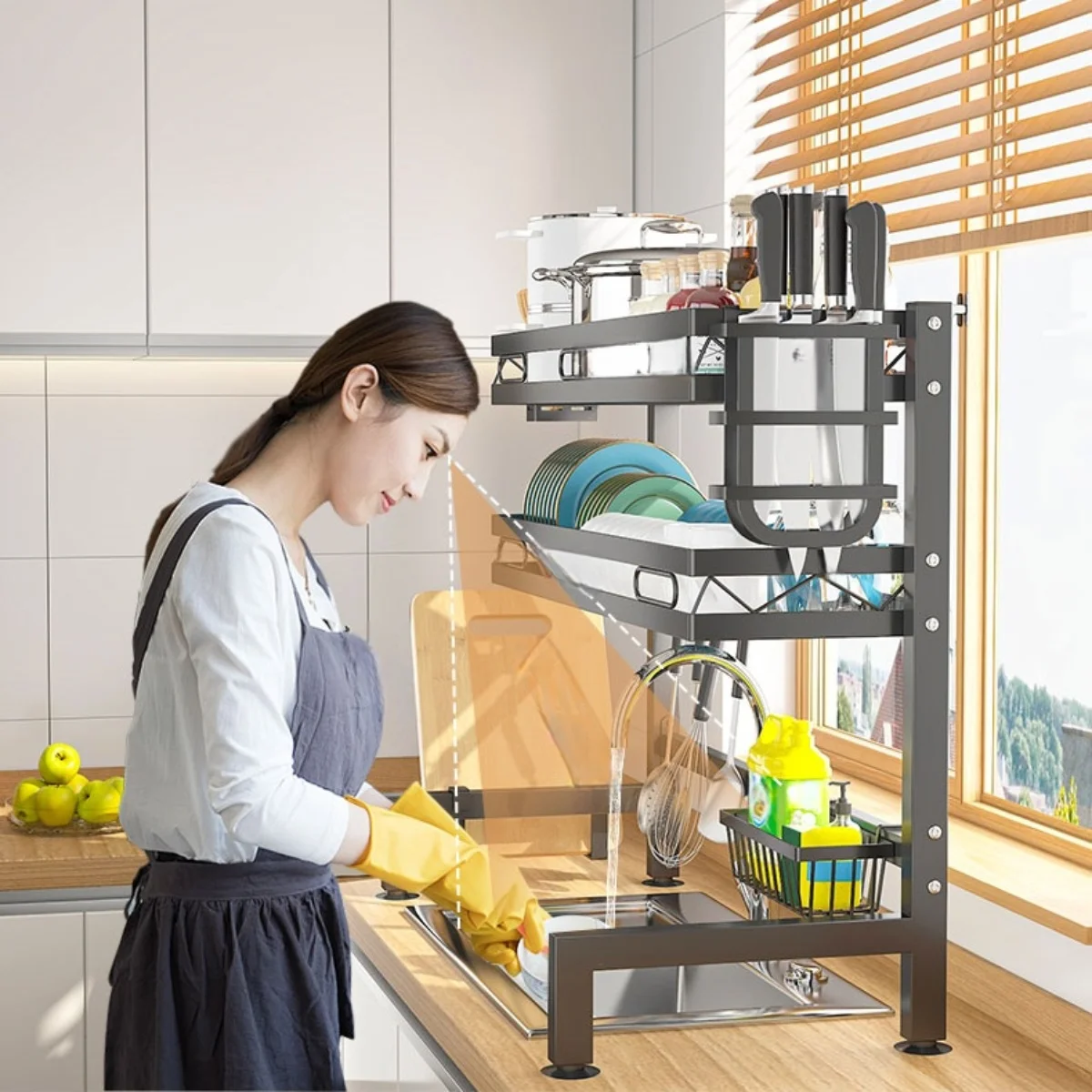 kf-S25e0fd5c76654ae59573583d69159b1bd 1PC Over-the-Sink Dish Drying Rack with Utensil Holder Sponge Holder And Hooks Kitchen Storage Organizer, Kitchen Storage - Image 1