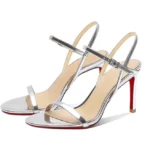 New silver patent leather temperament high-heeled sandals for women with exposed toes, slim heels, and comfortable single shoes