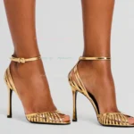 Peep Toe Sandals Cage Shape Upper Metallic Leather Ankle Straps Buckle Sandals Stiletto High Heels Cutouts Strappy Single Shoes