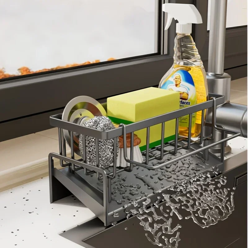 kf-S3267c520653b4e3f8777bc108b02011e4 Drill-Free Sink Organizer Multi-Use Sponge Soap Holder Draining Rack for Kitchen Countertop Storage Waterproof Shelf 1PC - Image 1