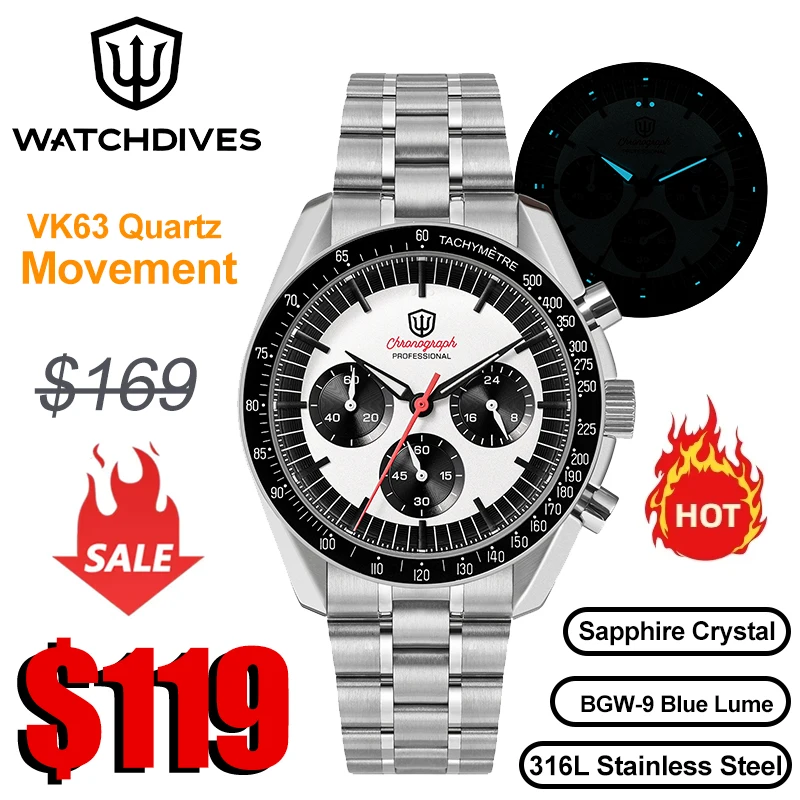 kf-S3bc9103e83764913bf7b11b5b71b0197O Watchdives WD1863 Chronograph Watch VK63 Sweep Second Mechanical Quartz Movement Bubble Sapphire 100M Waterproof Vintage Watches - Image 1