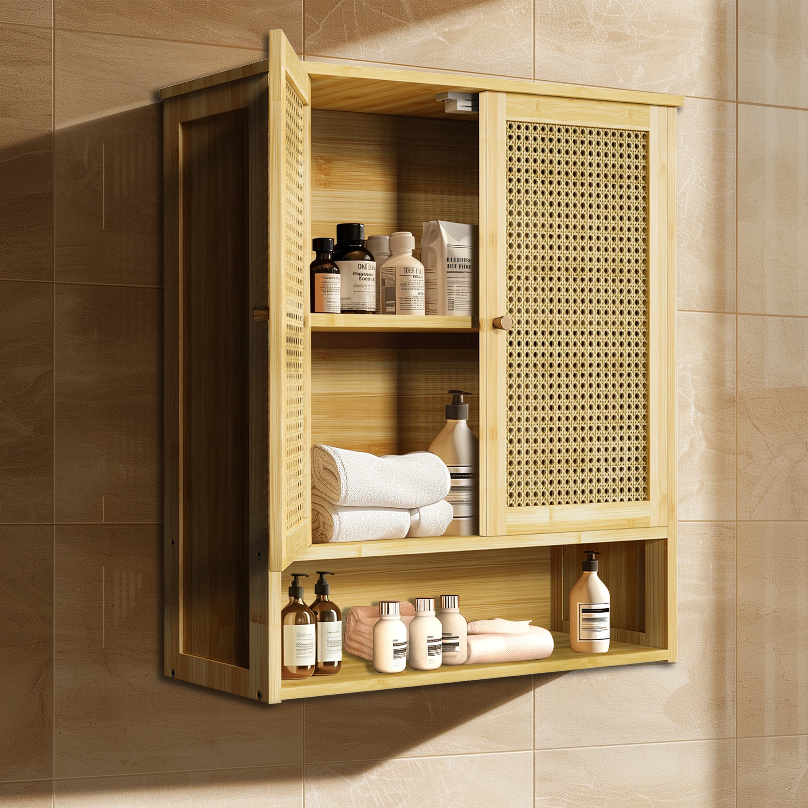 kf-S3bfcc66e5423460d9926a46869cacd3em Bathroom Cabinet Wall Mounted Bamboo Storage Organizer Medicine Cabinet Unit Kitchen Shelf - Image 1