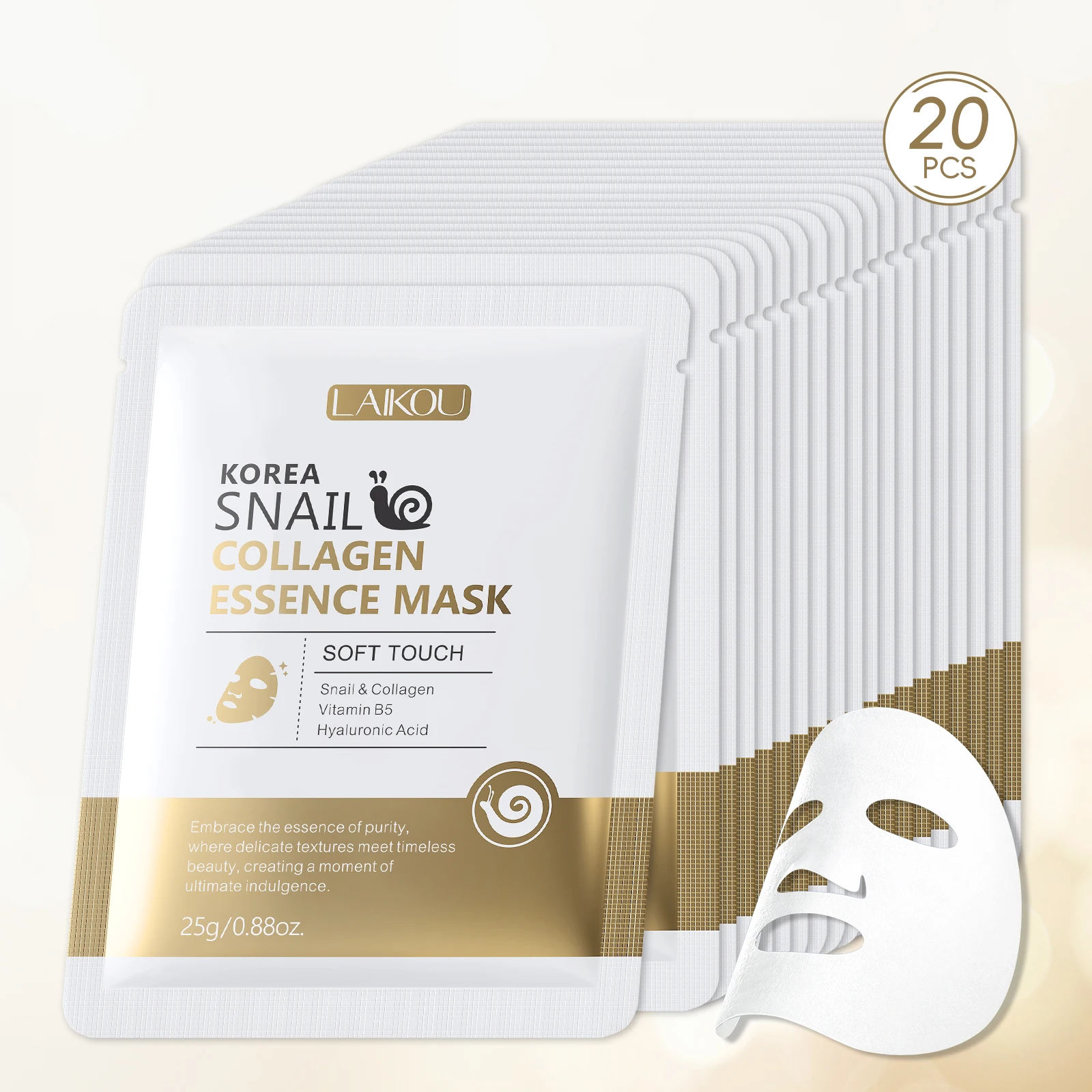 kf-S40b58fde19d146c1956c584fb968aefcw LAIKOU Korea Snail Collagen Essence Mask Hydrating Sheet Mask Anti-Wrinkle Face Mask Firming Skin Care 25g*20pcs - Image 1
