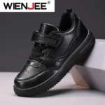Children's Running Shoes Boys Girls Lightweight Anti-Slip Sneakers for School Sports Walking Casual PU Leather Tennis Shoe Black