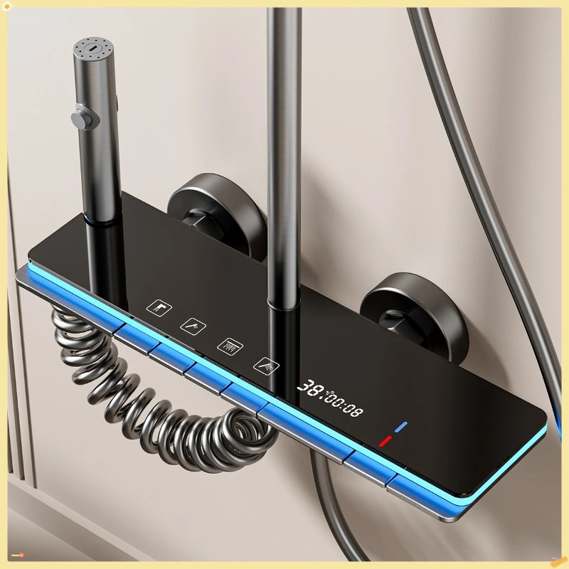 kf-S52e8e889f63f445d91dce41076610989M Grey Shower System with Ambient Light Intelligent Digital Shower Faucet Set Temperature Display Rainlfall Bathroom Shower Set - Image 1