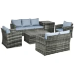 6 Pieces Rattan Garden Furniture Set,7 Seater Wicker Outdoor Furniture Set with Storage Tea Table&Side Table,Cushions,Grey ﻿